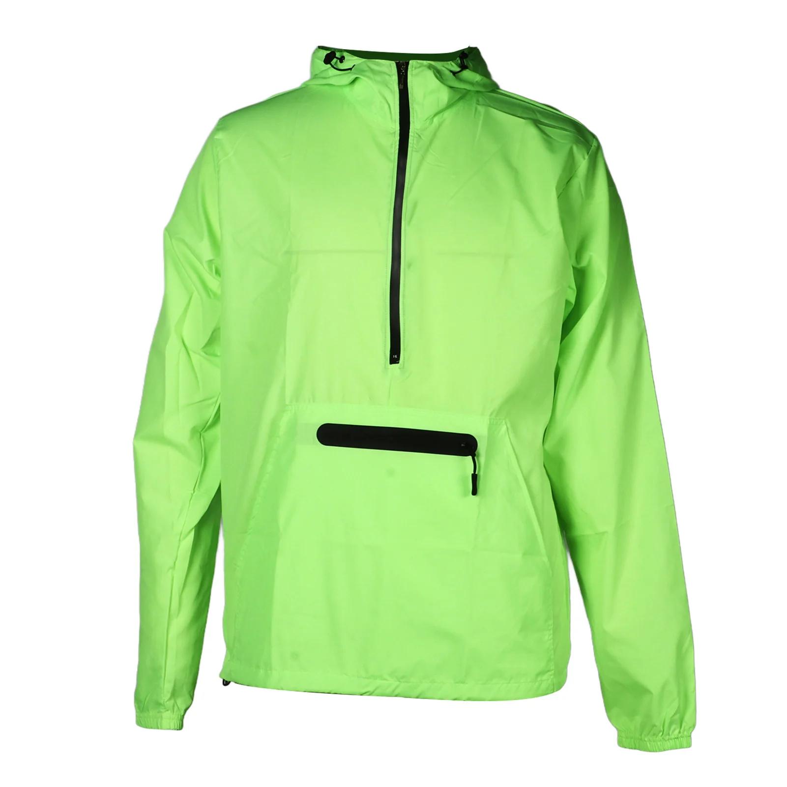 통기성 사이클링 레인 재킷, 대형 지퍼, 방수, 캐주얼, 형광, 녹색, 조절식 드로스트링, 하이킹용